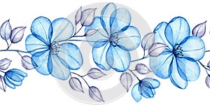seamless border with blue transparent flowers. watercolor drawing, x-ray