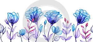 seamless border with blue transparent flowers. watercolor drawing, x-ray