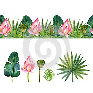 Seamless border with bright tropical flowers and leaves. Set with tropical plants.