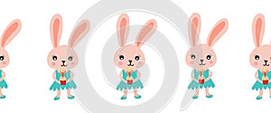 Seamless border bunny holding a cupcake with a candle. Cute vector illustration for kids birthday card, kids decor
