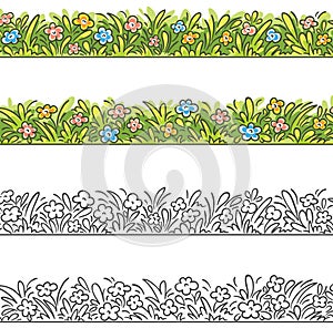 Seamless border of cartoon grass and flowers.