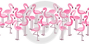 Seamless border with cartoon pink flamingos