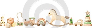 Seamless border of childrens wooden toys, newborn teething toys, rocking horse, pyramid, train, car, rocket, cubes and