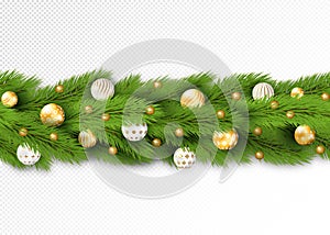 Seamless border with Christmas tree branches, snow and holiday decoration whute and golden balls and beads. Vector