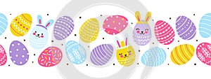 Seamless  border with cute decorated eggs isolated on white - cartoon elements for happy Easter design
