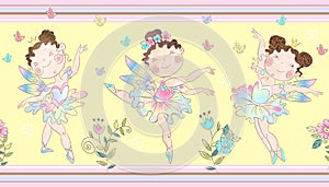 Seamless border with cute little magical fairies. Vector photo