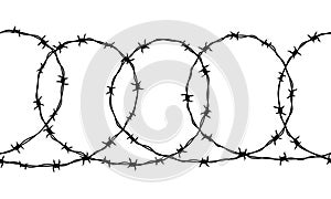 Seamless border of detailed black ravel barbed wire on white