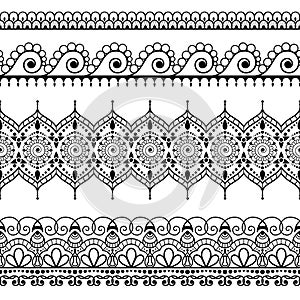 Seamless border elements in Indian mehndi style for card or tattoo. Vector illustration on white background.