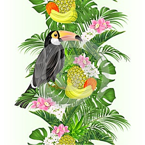 Seamless border Exotic african bird toucan and pineapple and banana tropical fruit and orchids Cymbidium with  tropical leaves of