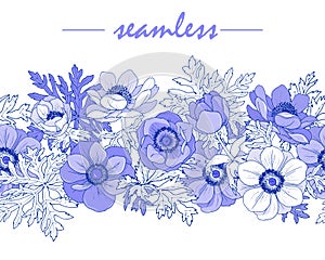 Seamless border with flowers and leaves of anemones