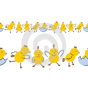 Seamless border with funny chicken chicks hens in different poses on white background. Hand drawn vector sketch illustration in