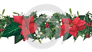 Seamless Border garland with Christmas holly leaves berries, poinsettia, mistletoe isolated on white background