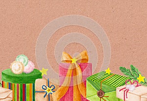 Seamless border with gift boxes on brown craft paper background painted in watercolor