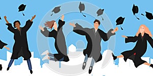 Seamless border with happy graduate students in graduation clothing jumping and throwing the mortarboard high into the