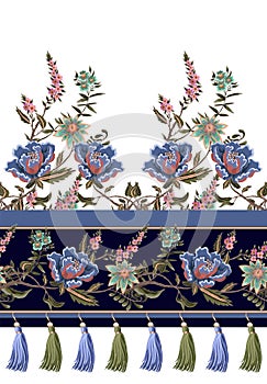 Seamless border with Indian ethnic ornament and fringes. Folk flowers and leaves for print or embroidery. Vector illustration. photo