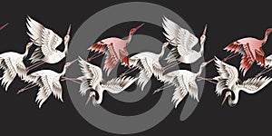 Seamless border with Japanese white crane in batik style. Vector illustration.