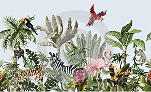 Seamless border with jungle animals, flowers and trees. Vector. photo