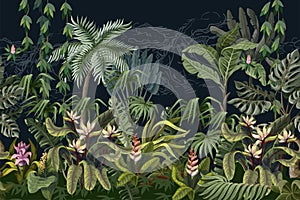 Seamless border with jungle trees and flowers. Vector.