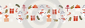 Seamless border Kids Christmas Snowman gift box. Cute winter holiday vector pattern horizontal snowmen, snowflakes, presents.
