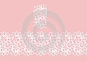 Seamless border lace fabric texture. White openwork pattern on pink background. Pattern brush. Craft clothing design element. For