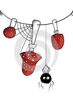 Seamless border line. Mushrooms on rope with web and spider. Set of redcap fly agarics hanging on thread as garland with
