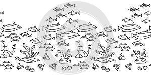 Seamless border Marine vector motif . Underwater Monochrome Aquariums vector background