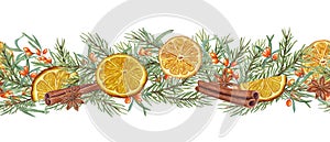 Seamless border with orange slice, sea buckthorn berry, cinnamons sticks, star anise among spruce branch. Citrus