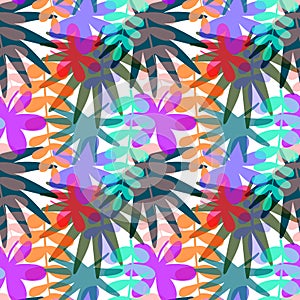 Seamless pattern with drawn tropical leaves, colorful artistic botanical illustration. Floral background. Modern