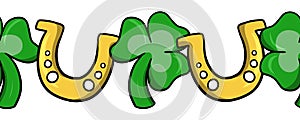 Seamless border, pattern. A set of four-leaf clover leaves with a golden horseshoe. Happy St. Patrick's Day.