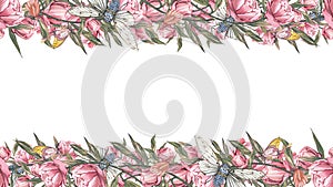 Seamless border peony flower, cicada, butterfly isolated white background. Watercolor hand draw illustration. Art design