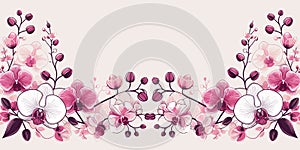 Seamless border with pink orchids, floral orchid border backdrop, decorative Vector illustration, generative ai