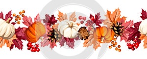 Seamless border with pumpkins, autumn leaves, and rowanberries. Vector illustration