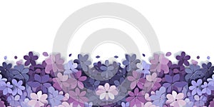 Seamless border with purple flowers on white background, decorative floral card design, Vector, generative ai