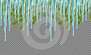 Seamless border with realistic firtree and icicles over transparent background. Design template for merry christmas