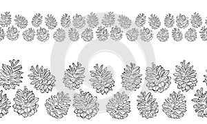Seamless border with realistic pine cones in black isolated on white background. Hand drawn vector sketch illustration in doodle