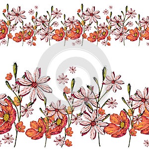 SEAMLESS BORDER OF RED AND PINK FLOWERS,GREEN GRASS ON A WHITE BACKGROUND