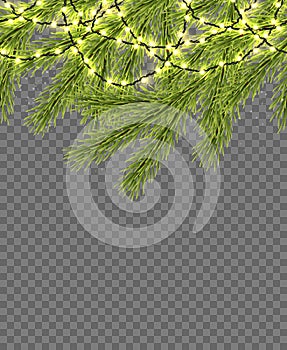 Seamless border with relistic firtree, sparkling lights and garlands. Design template for merry christmas. Vector