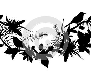 Seamless border with silhouettes of tropical birds, plants and flowers. Exotic flora and fauna.