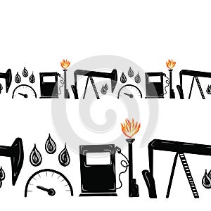 Seamless border with simple flat vector illustrations in cartoon style. Elements of gasstation, derrick, oil