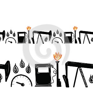 Seamless border with simple flat vector illustrations in cartoon style. Elements of gasstation, derrick, oil photo
