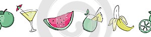 Seamless border of summer cocktails and fruits. A doodle-style graphic element. Watermelon slice, lime, banana and refreshing