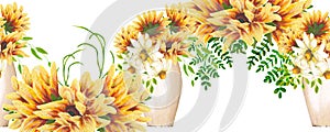 Seamless border with sunflower in vases