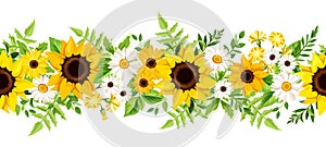 Seamless border with sunflowers, daisy flowers, and fern. Vector illustration