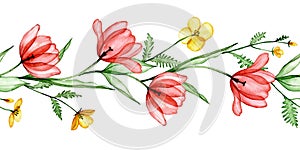 seamless border with transparent tulip flowers. watercolor drawing x-ray, red and yellow flowers