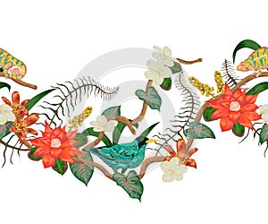 Seamless border with tropical bird, chameleon, plants and flowers. Exotic flora and fauna.