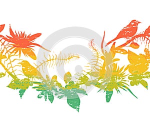 Seamless border with tropical birds, plants and flowers. Colorful grunge silhouettes with splashes in watercolor style.