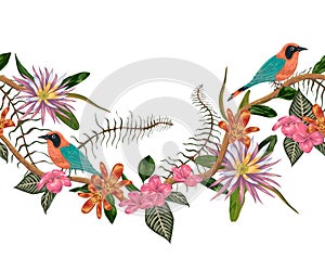 Seamless border with tropical birds, plants and flowers. Exotic flora and fauna.