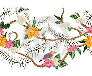 Seamless border with tropical birds, plants and flowers. Exotic flora and fauna.