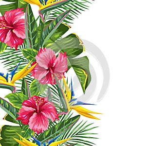 Seamless border with tropical leaves and flowers. Palms branches, bird of paradise flower, hibiscus