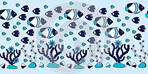 Seamless border Under water. Marine vector motif . Doodle of the underwater world, sea, ocean . Aquariums